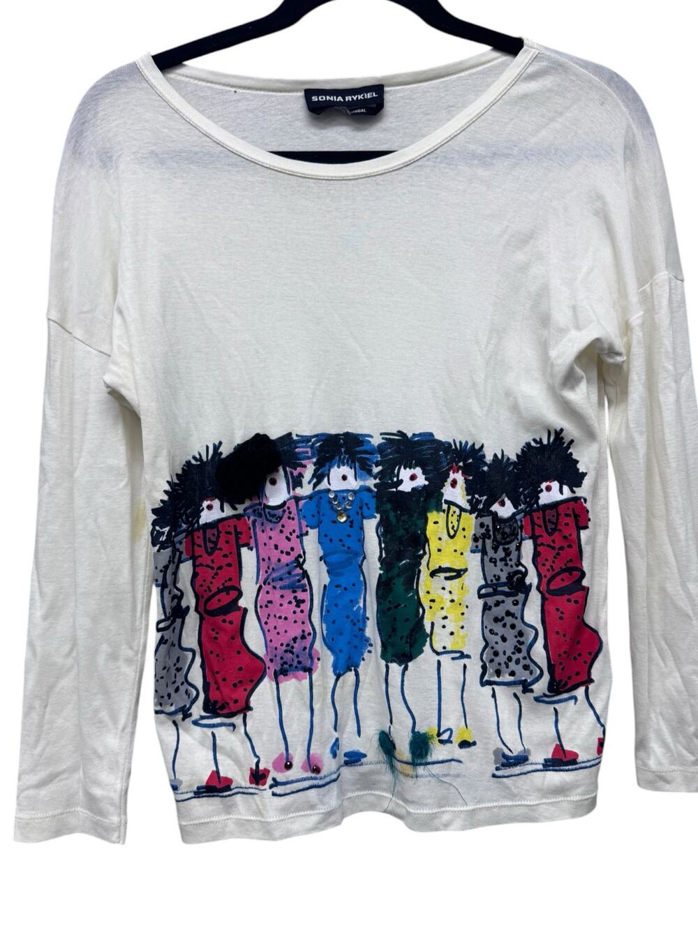 Sonia Rykiel Paris Whimsical Fashion Illustration Long Sleeve Graphic Tee Size L